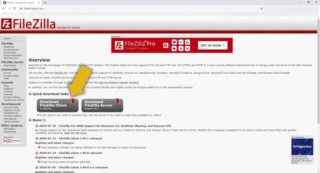 FileZillaのダウンロードは、「Download FileZilla Client」を選択