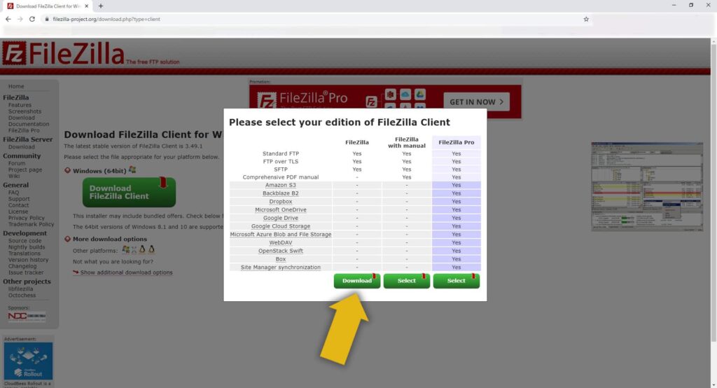 「FileZilla」を選択 。FileZillaのダウンロード方法