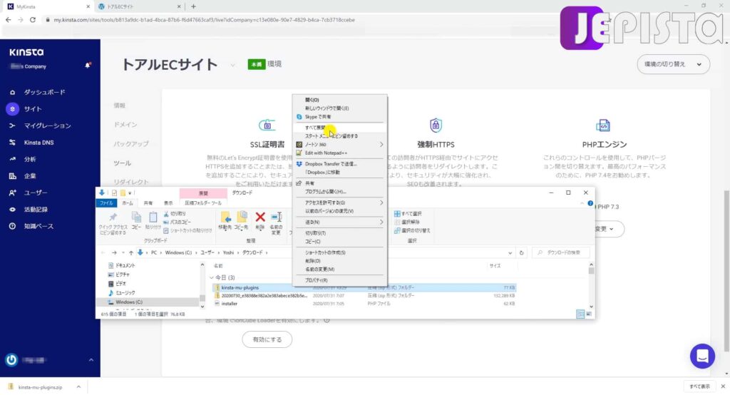 kinsta-mu-pluginsのzip形式ファイルを右クリックし「すべて展開」をクリックします。